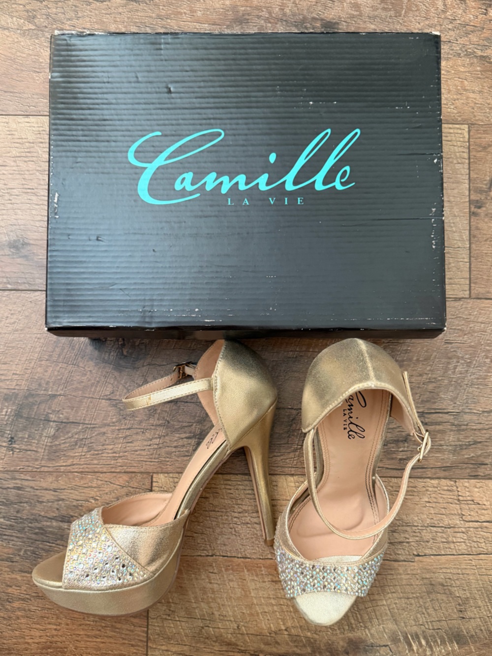 Camille La Vie Gold Glitter Platform Ankle-Strap Heels